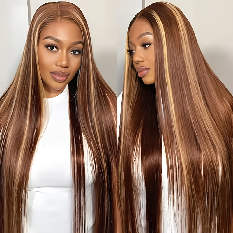 30 Inch Ombre Highlight 13x6 HD Transparent Lace Front Wig Human Hair - Pre-Plucked 180% Density Glueless Honey Blonde to Darker Brown Wig for Women, Party & Casual Attire, All Ethnicities, Wig Accessories